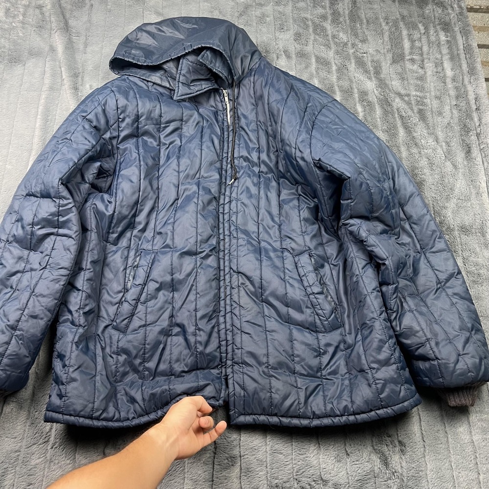 Sears Mens Blue Quilted Hooded Insulated Jacket 40 Short Zip Pockets 7522